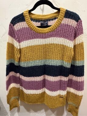 Abercrombie & Fitch Striped Crewneck Sweater in Mustard, Navy & Dusty Pink